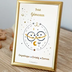 Petite carte Astro avec enveloppe, blister et cadre doré Gémeaux