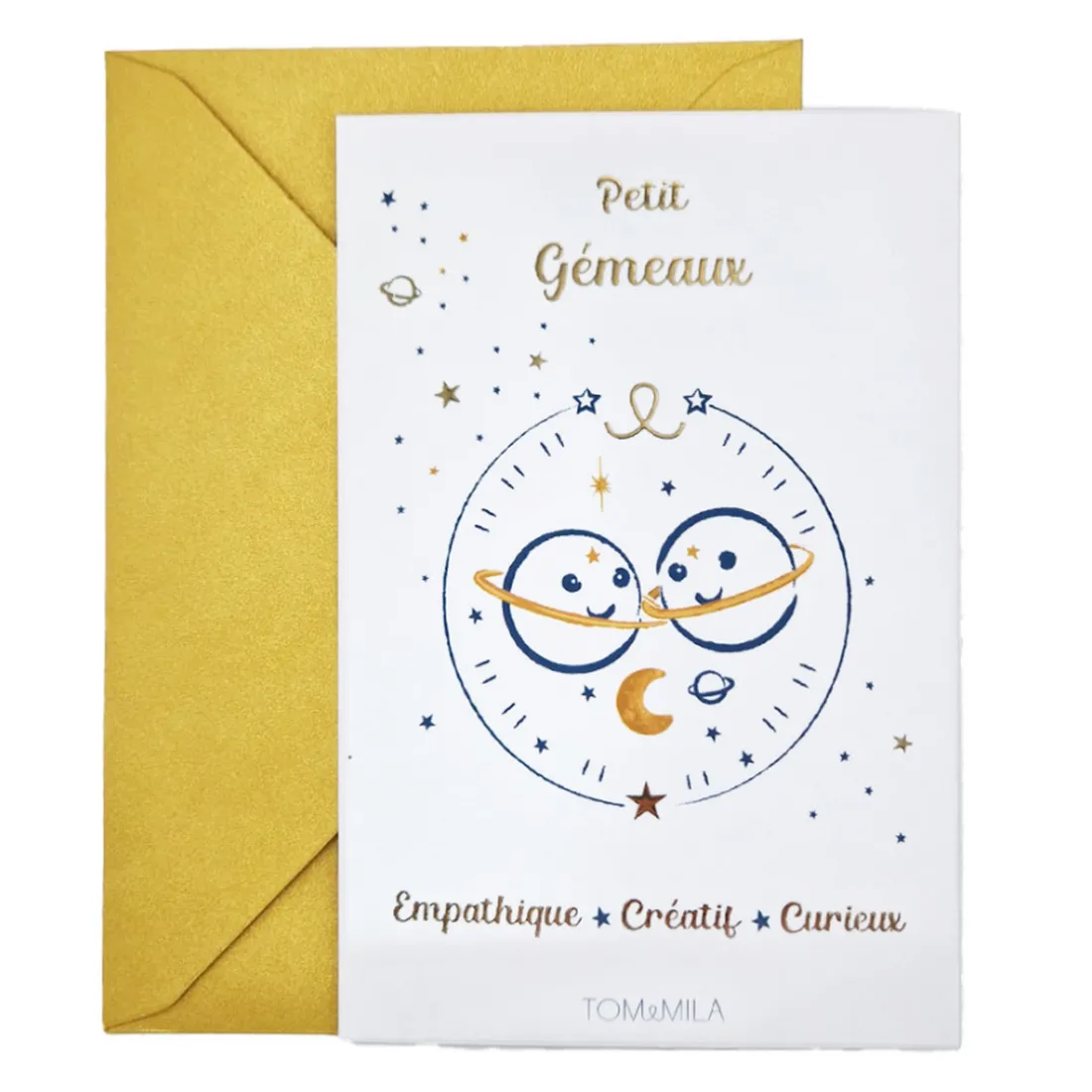 Petite carte Astro avec enveloppe, blister et cadre doré Gémeaux