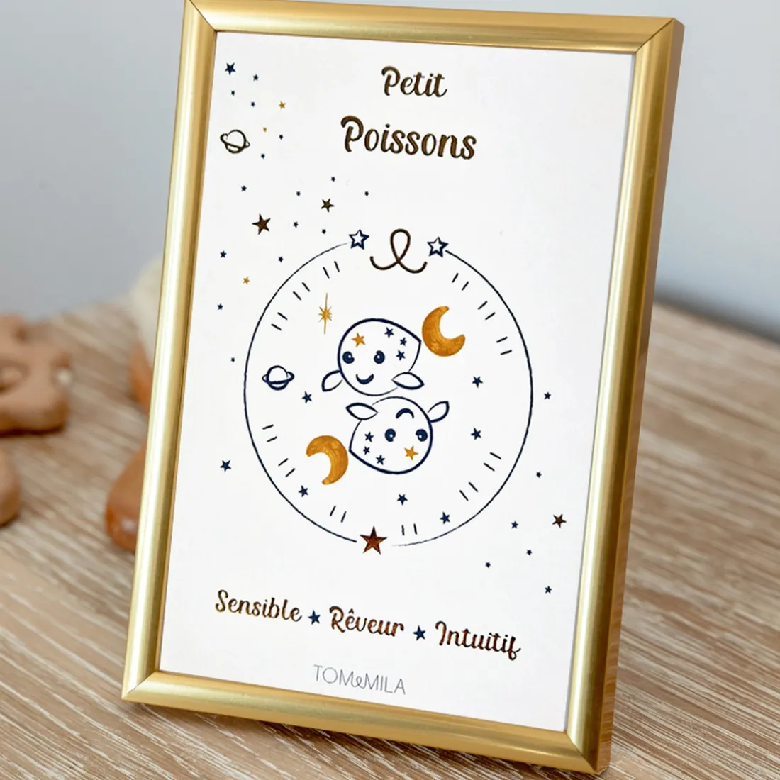 Petite carte Astro avec enveloppe, blister et cadre doré Poisson