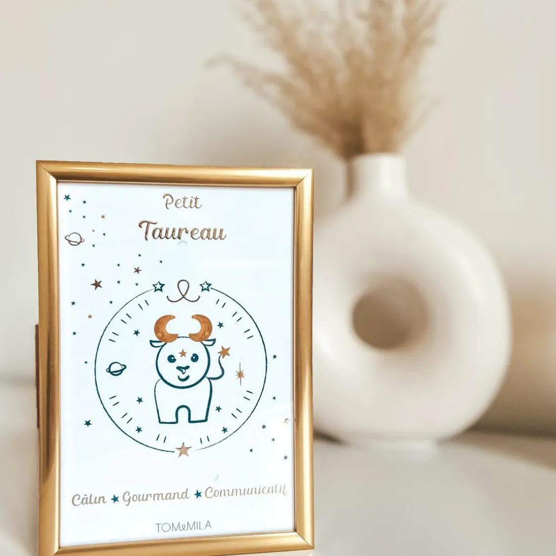 Petite carte Astro avec enveloppe, blister et cadre doré Taureau