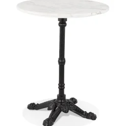 Petite table bistrot ronde 'MARAY' style rustique en pierre blanche effet marbre et métal noir