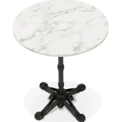 Petite table bistrot ronde 'MARAY' style rustique en pierre blanche effet marbre et métal noir