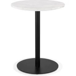 Petite table bistrot ronde 'TOMY' en pierre blanche effet marbre et métal noir