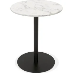 Petite table bistrot ronde 'TOMY' en pierre blanche effet marbre et métal noir