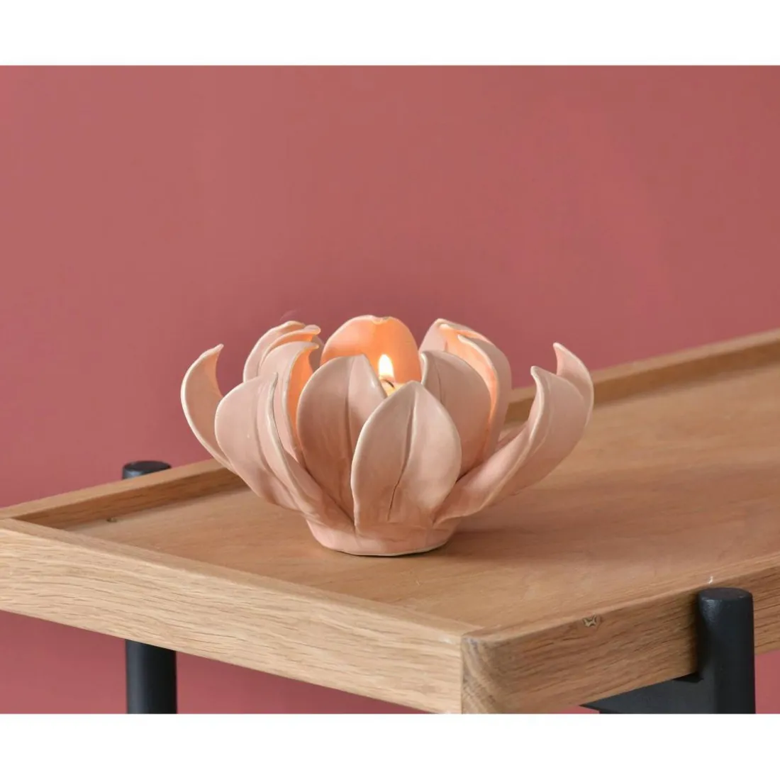 Photophore fleur ouverte en céramique EXTAR rose
