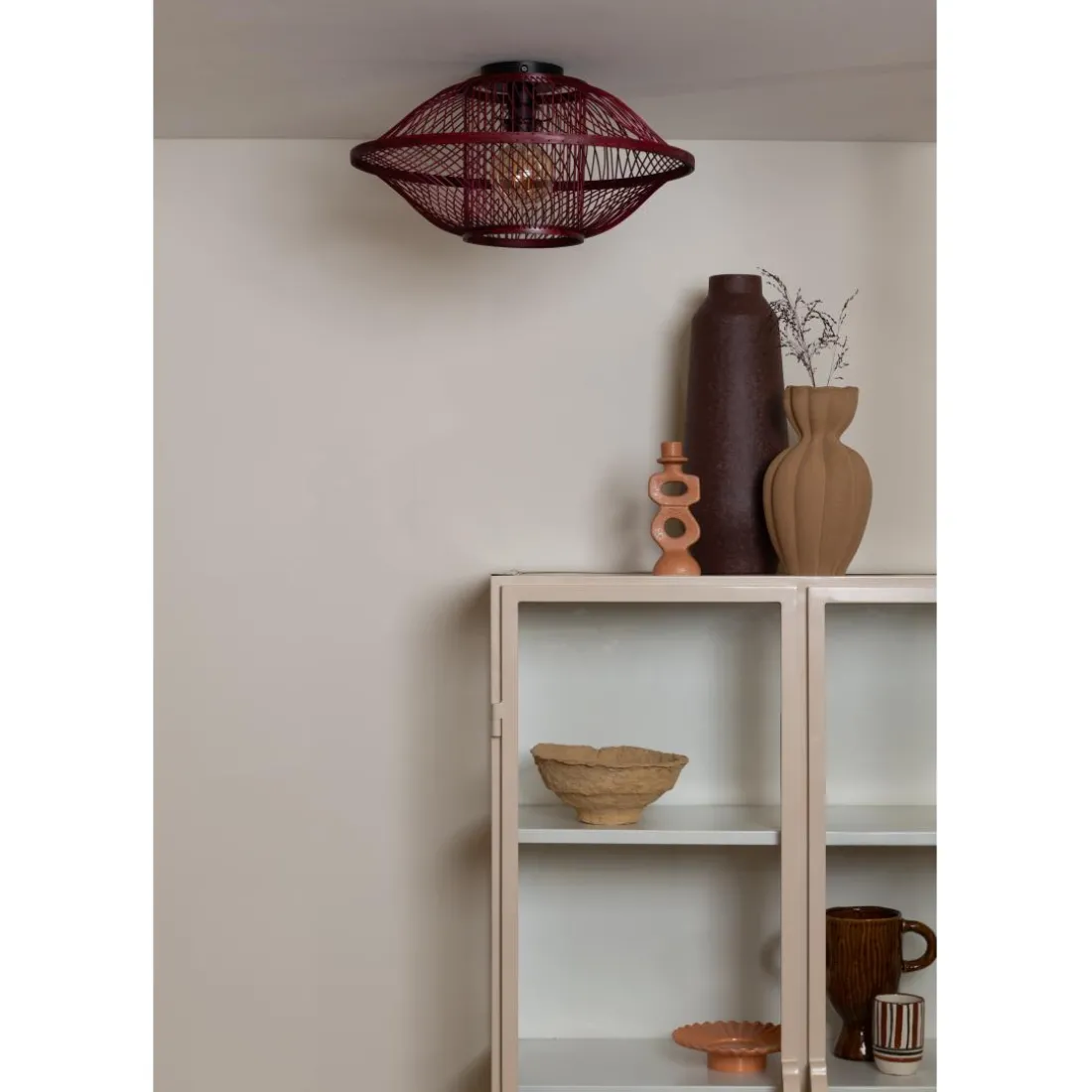 Plafonnier Maui bambou abat-jour bordeaux