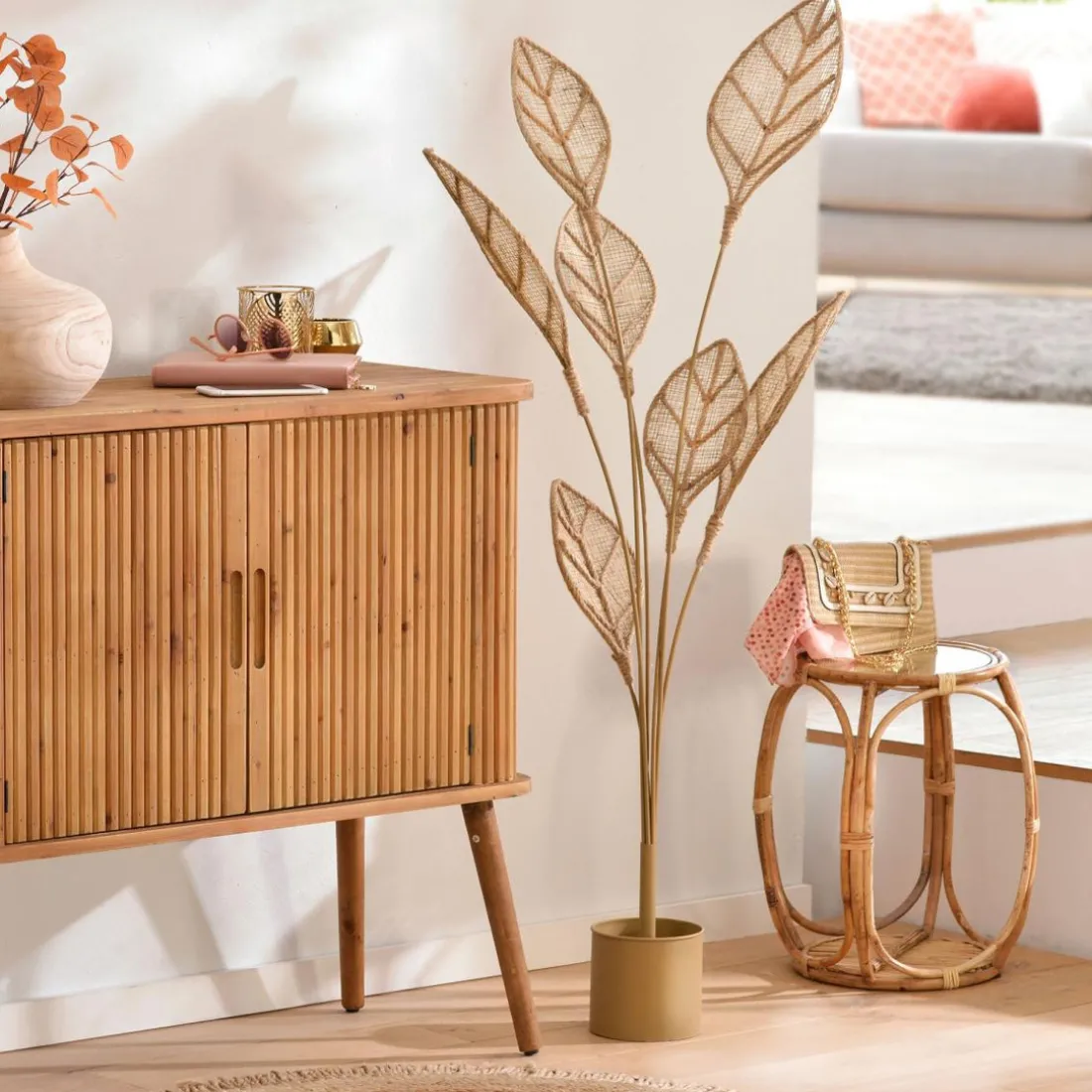 Plante décorative en métal et jute ROSINETTE beige