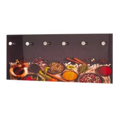 Portant à vetement mural en verre trempé avec motifs épices imprimés et 6 crochets optique inox