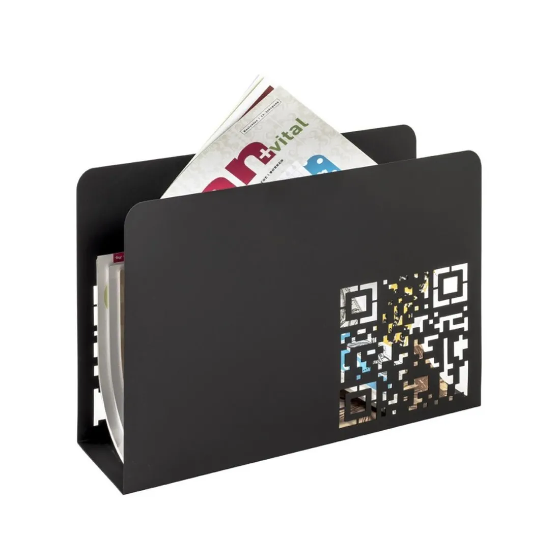 Porte revues avec code QR découpé abstrait en Métal laqué Noir