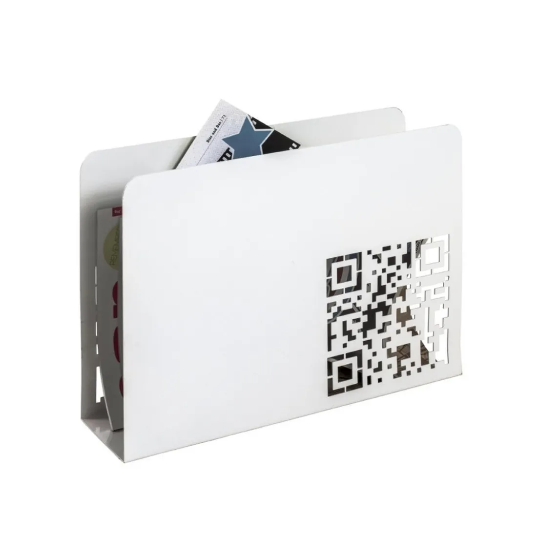 Porte revues avec code QR découpé abstrait en Métal laqué Blanc