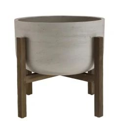 Pot de fleur rond en béton sur pieds en acacia marron HECTOR