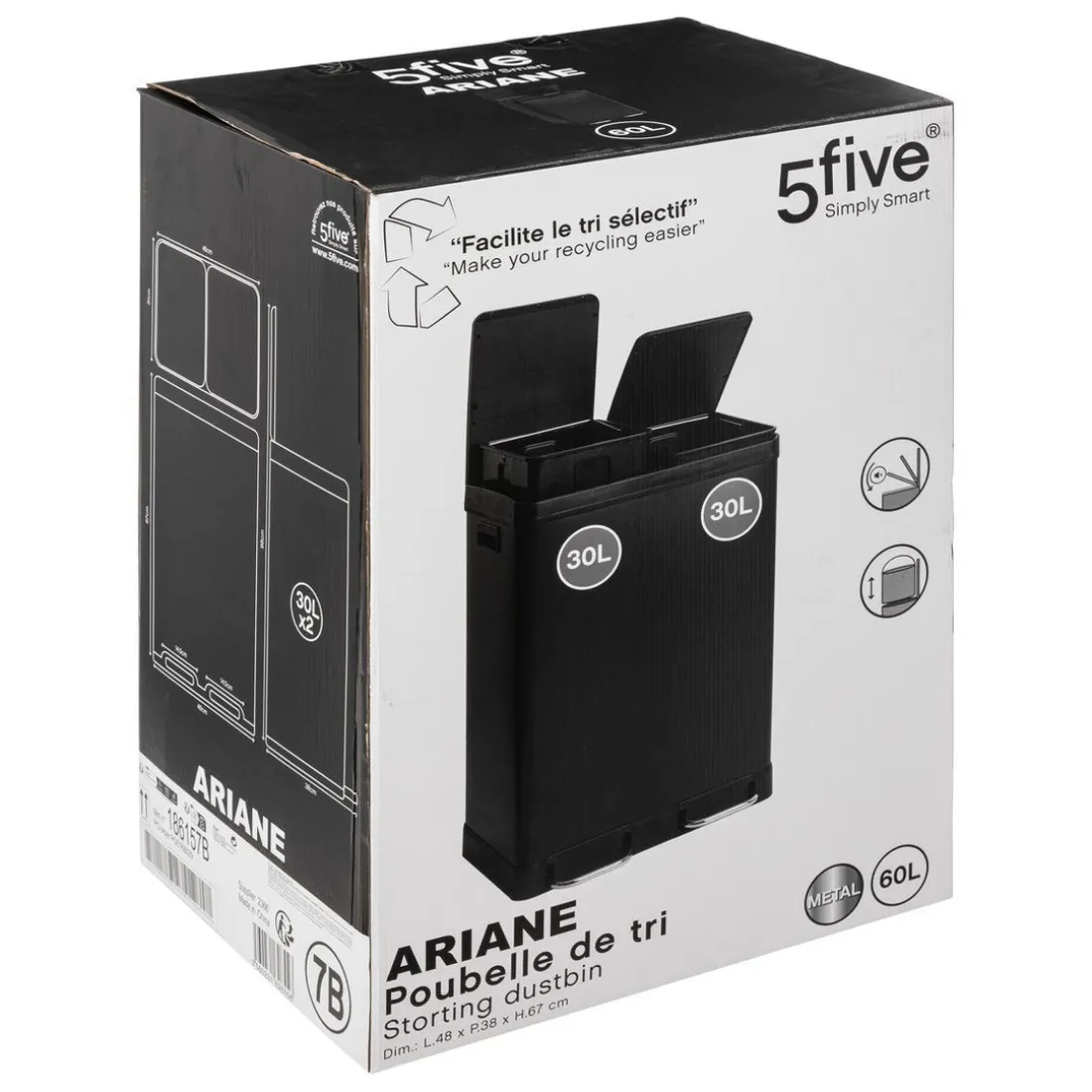 POUBELLE DE TRI 30L+30L NOIR ARIANE