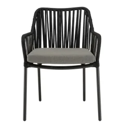 Salon de jardin 2 personnes Table ronde 70x70cm et 2 fauteuils gris et noirs en cordage
