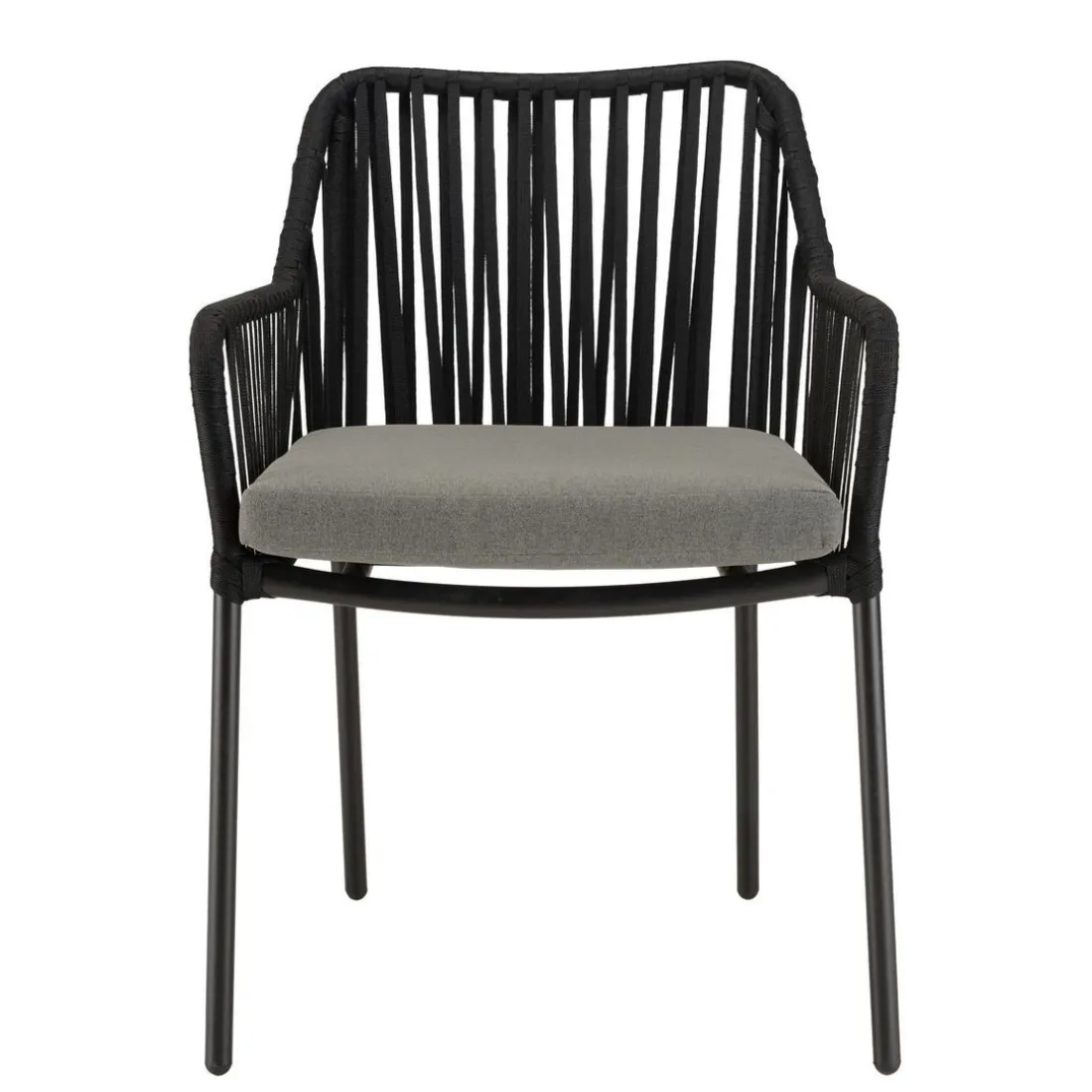 Salon de jardin 2 personnes Table ronde 70x70cm et 2 fauteuils gris et noirs en cordage