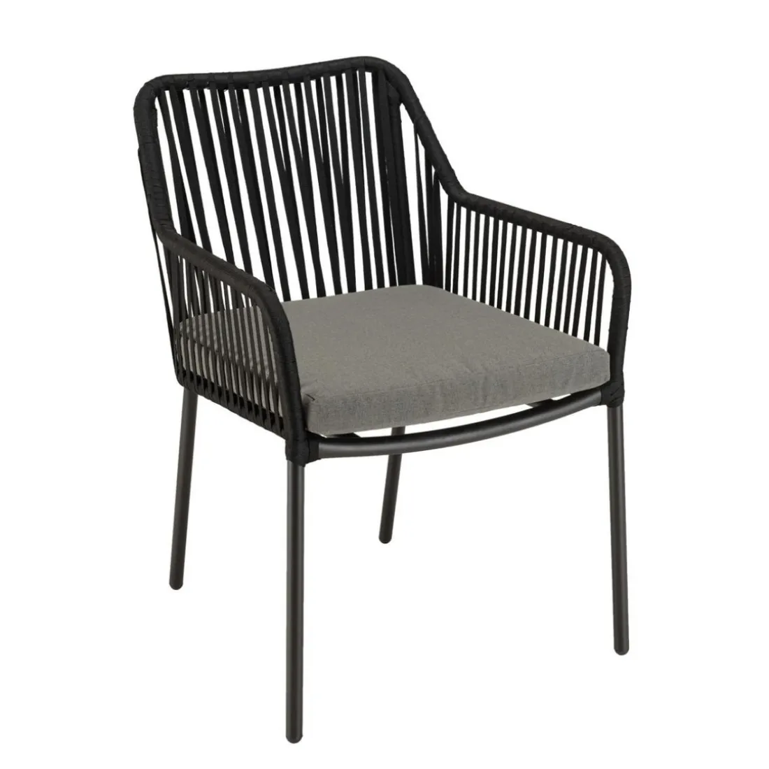 Salon de jardin 2 personnes Table carrée et 2 fauteuils gris et noirs en cordage