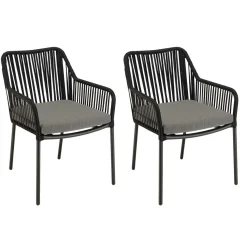 Salon de jardin 2 personnes Table carrée et 2 fauteuils gris et noirs en cordage