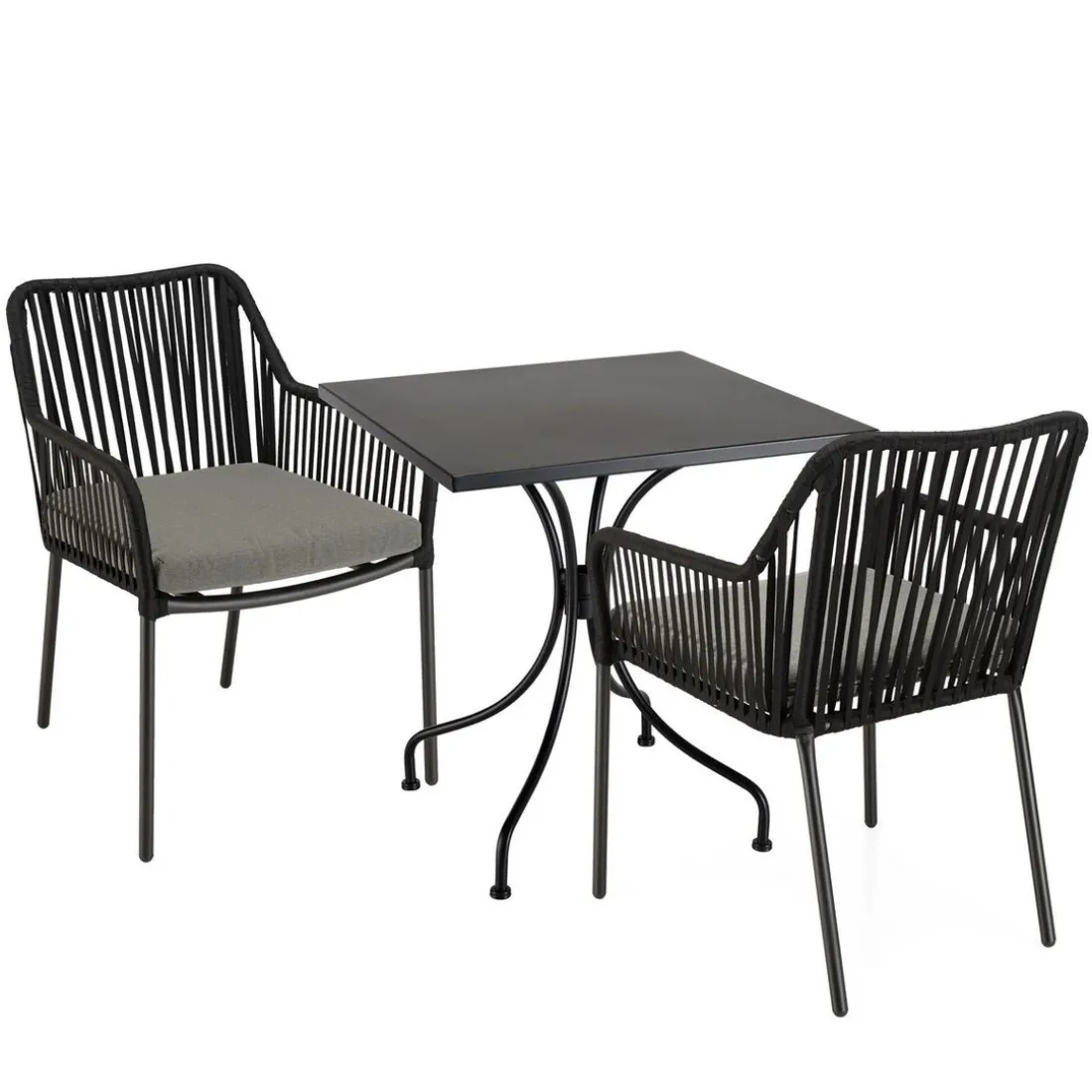 Salon de jardin 2 personnes Table carrée et 2 fauteuils gris et noirs en cordage