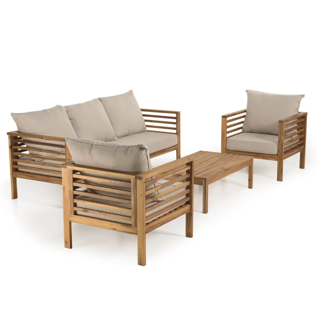 SALON DE JARDIN EN BOIS ACACIA 5 pers. - 1 Canapé 3 places, 2 fauteuils et 1 table basse rectangulaire 100 x 60 cm