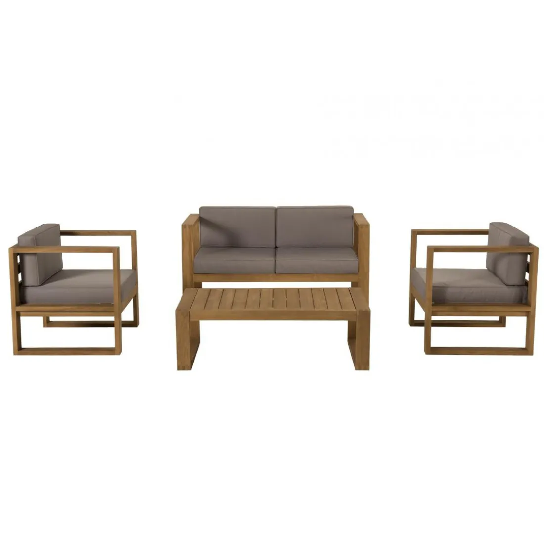 SALON DE JARDIN EN BOIS TECK : 1 Canapé 2 places, 2 fauteuils avec coussins waterproof et une table basse 110x60 cm