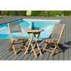 SALON DE JARDIN EN BOIS TECK 2 pers - Ensemble de jardin - 1 Table ronde pliante 60 cm et 2 chaises textilène couleur taupe.