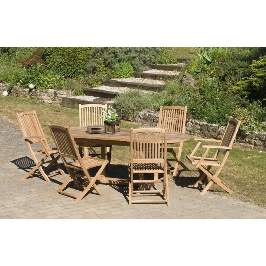 SALON DE JARDIN EN BOIS TECK 8/10 pers - Ensemble de jardin - 1 Table ovale extensible 180*240/100 cm 4 chaises et 2 fauteuils