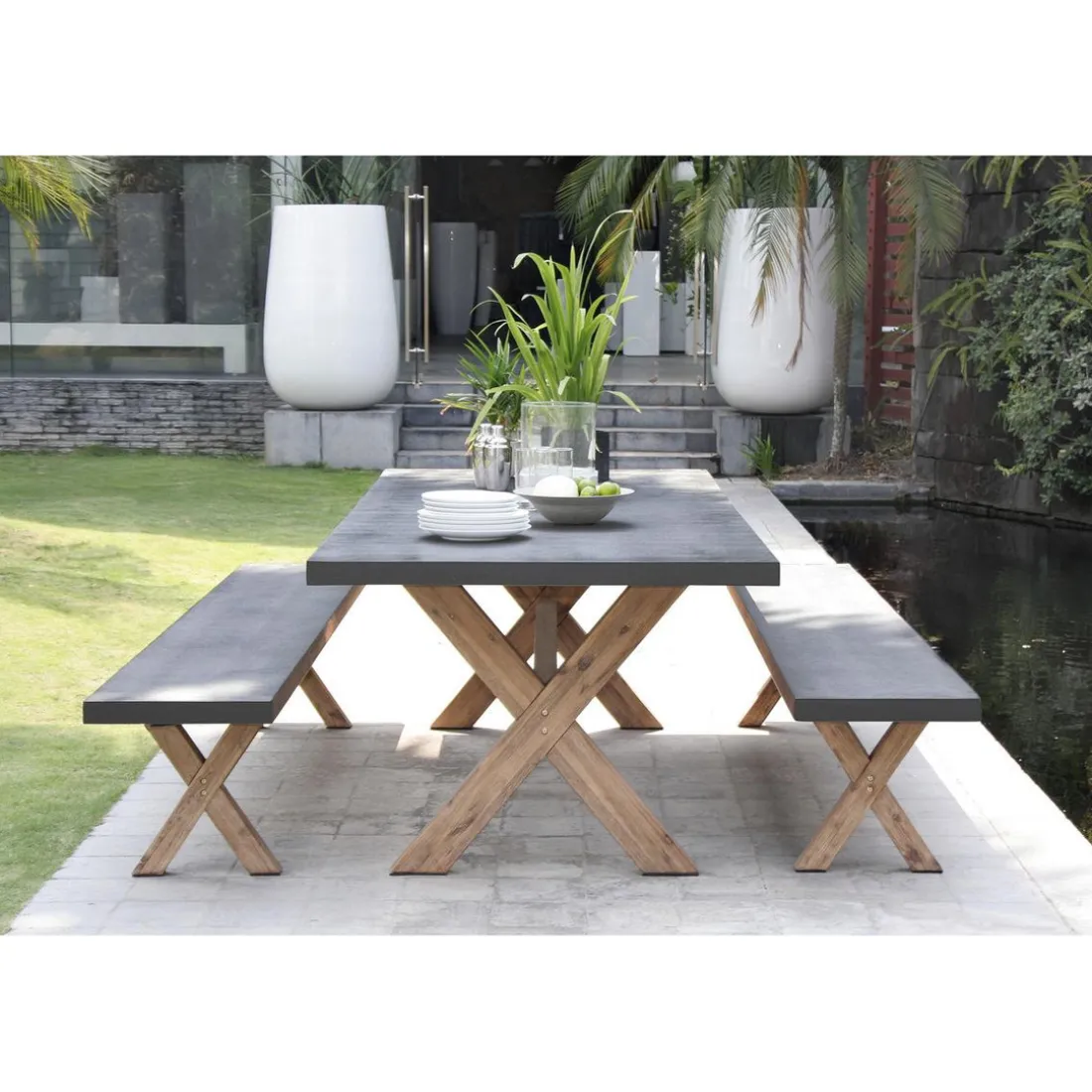 SALON DE JARDIN EN FIBRE DE BETON ET ACACIA 8 pers - Ensemble jardin - 1 Table rectangulaire 200*100 cm et 2 bancs