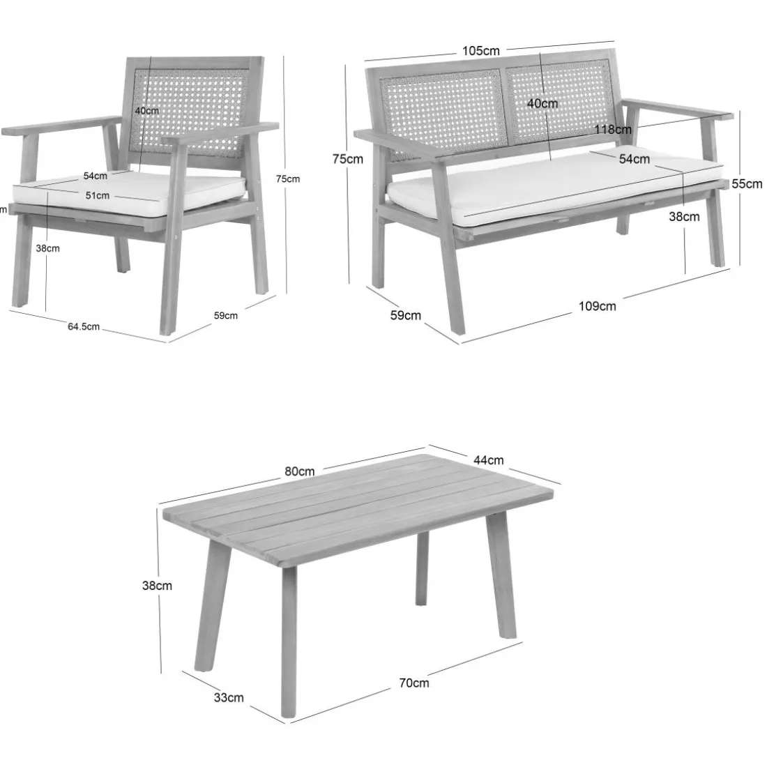 Salon de jardin en rotin et bois massif avec tissu beige TEMUCO style scandinave