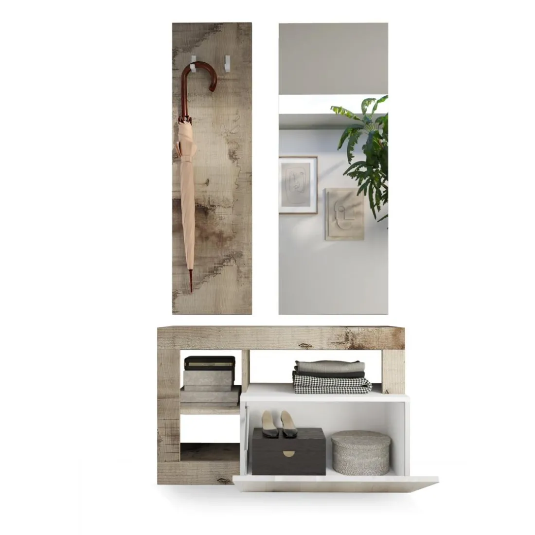 Set 3 pieces meuble d'entrée blanc tons bois