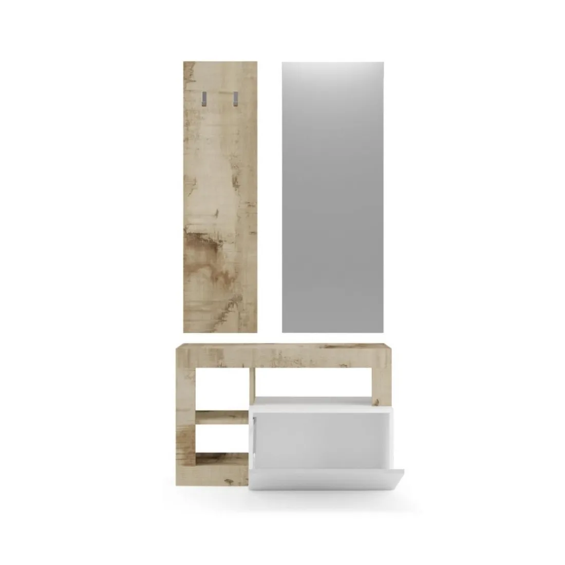 Set 3 pieces meuble d'entrée blanc tons bois