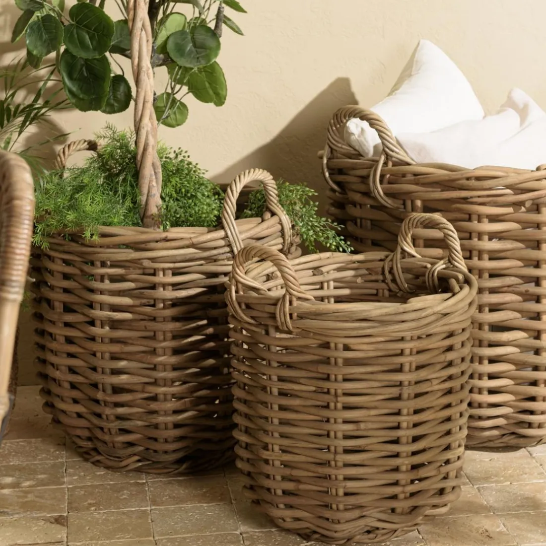 Set de 3 paniers de rangement ronds en rotin naturel KALLY