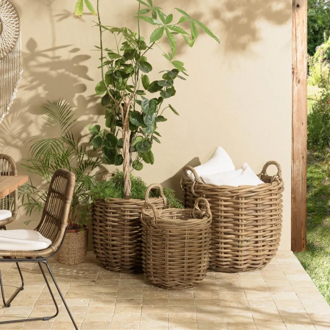 Set de 3 paniers de rangement ronds en rotin naturel KALLY