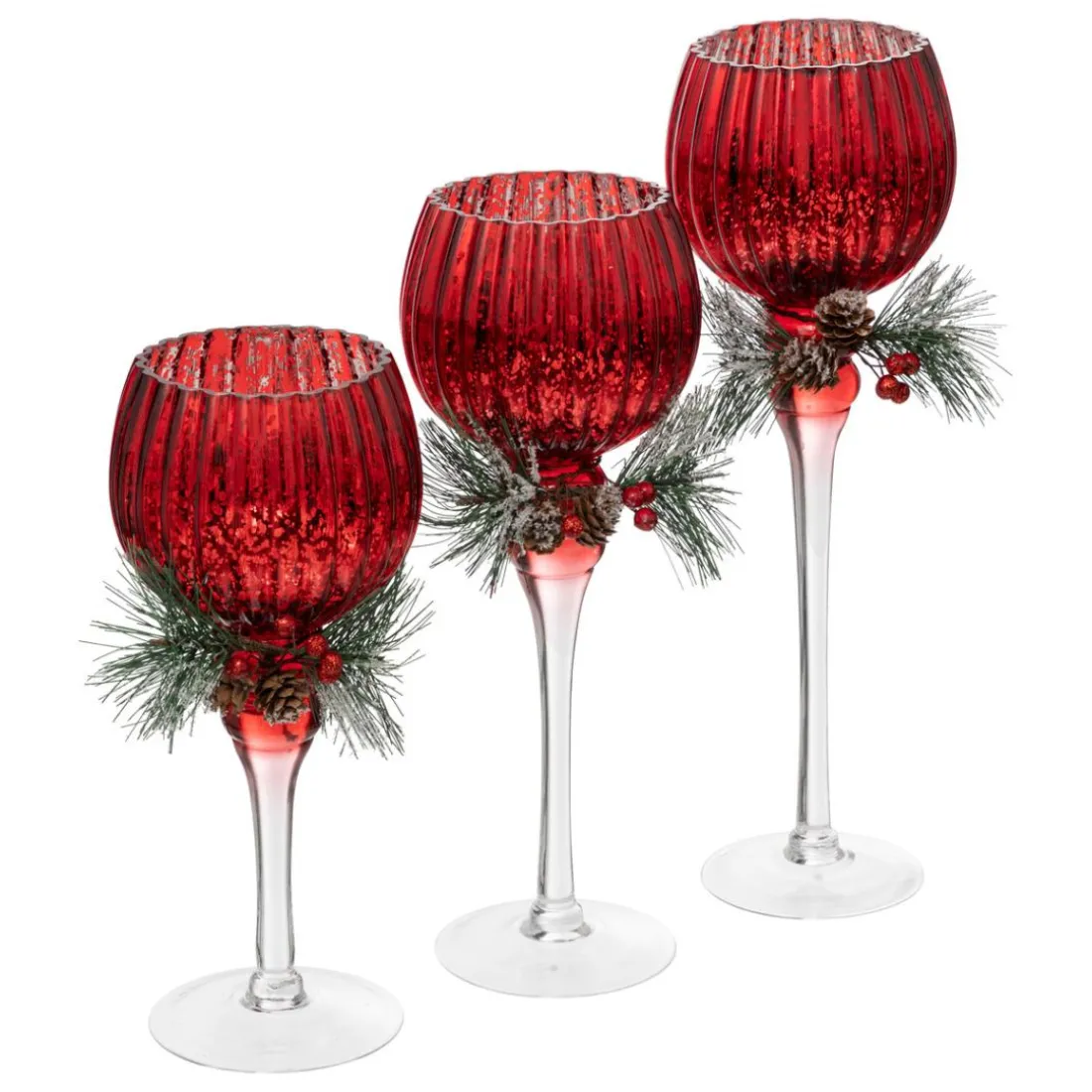 Set de 3 photophores sur pied rouge avec décoration