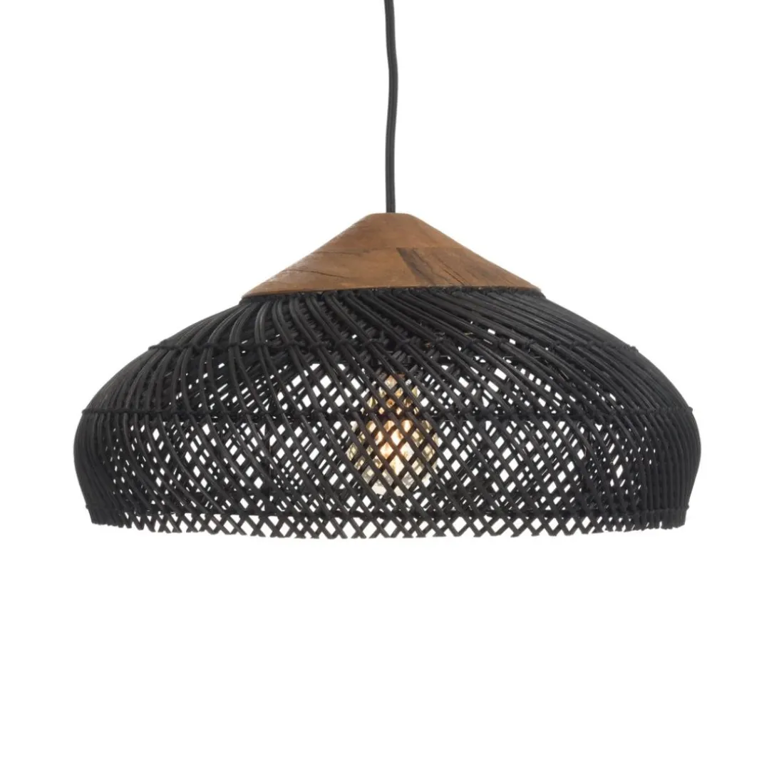 Suspension en rotin couleur noire et teck recyclé SIXTINE