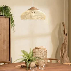 Suspension en rotin couleur naturelle et teck recyclé SIXTINE