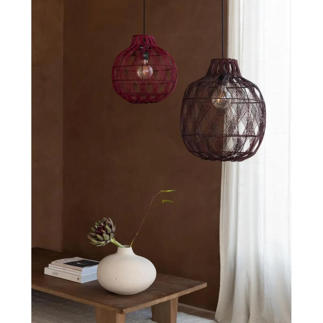 Suspension Mendoza bambou abat-jour bordeaux