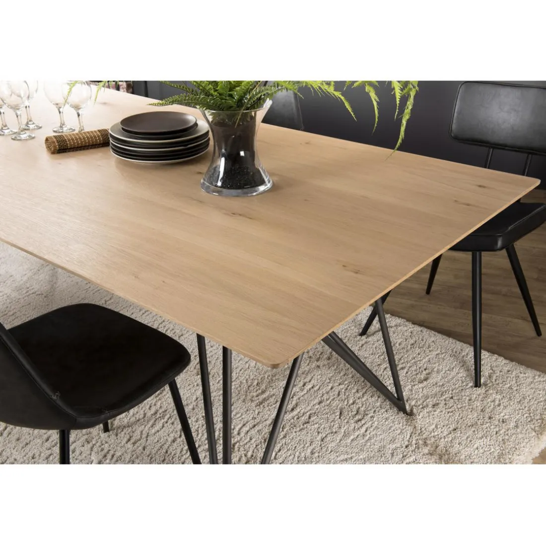Table À Manger MAXENCE 220X100 Bois Chêne Pieds Croisés Métal