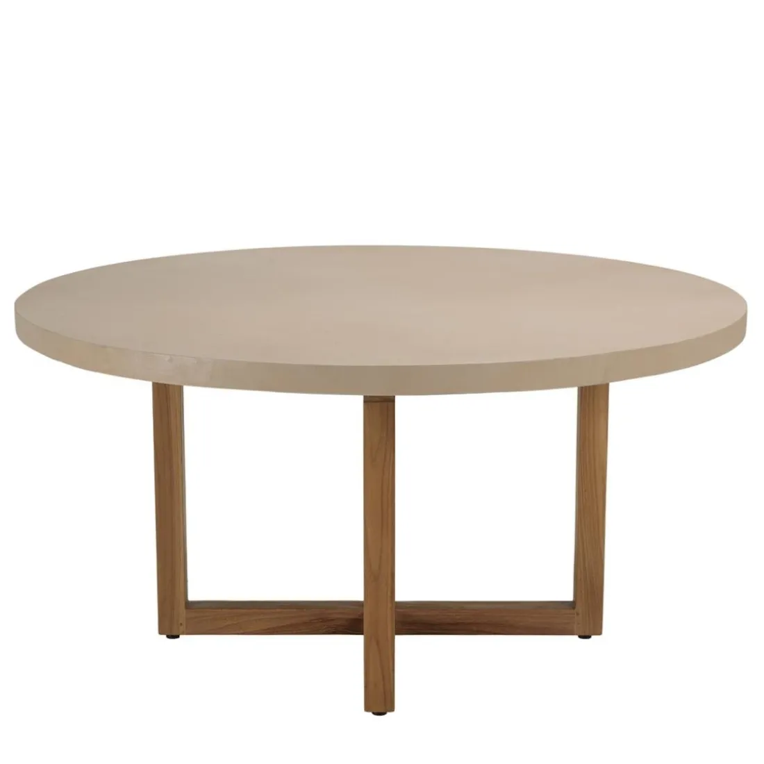 Table à manger ronde béton beige pieds croisés en teck DAK