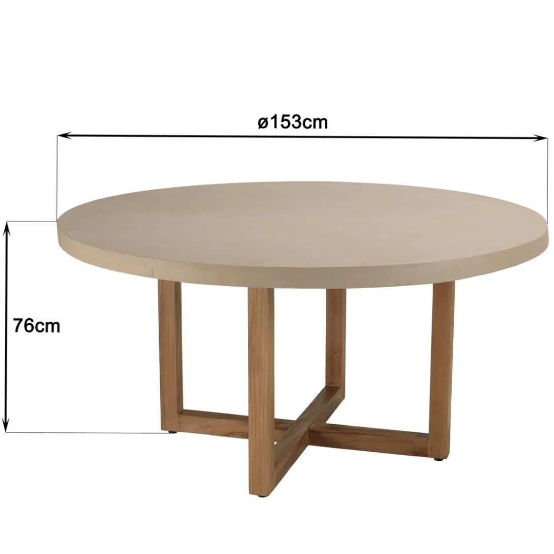 Table à manger ronde béton beige pieds croisés en teck DAK