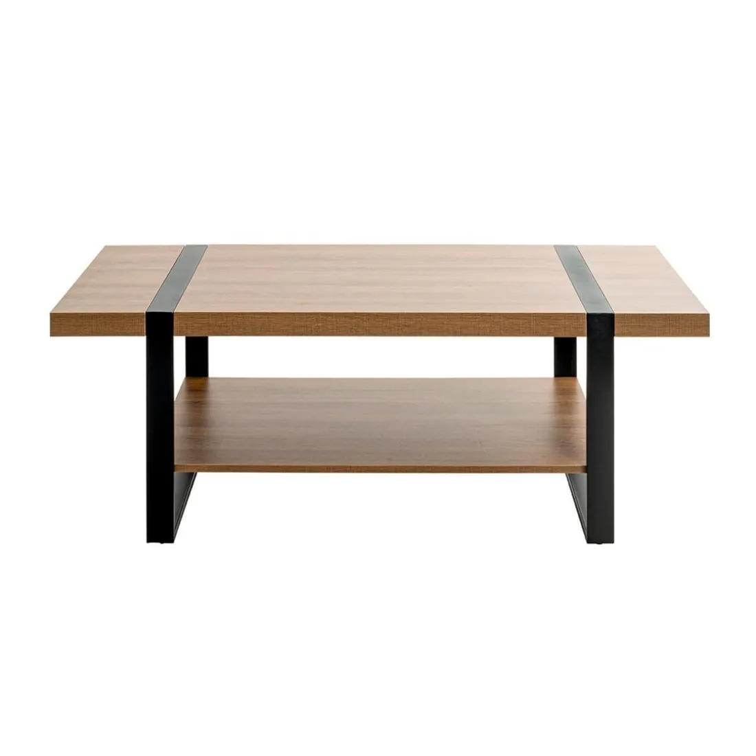 Table basse acier laqué noir et plateaux décor chêne