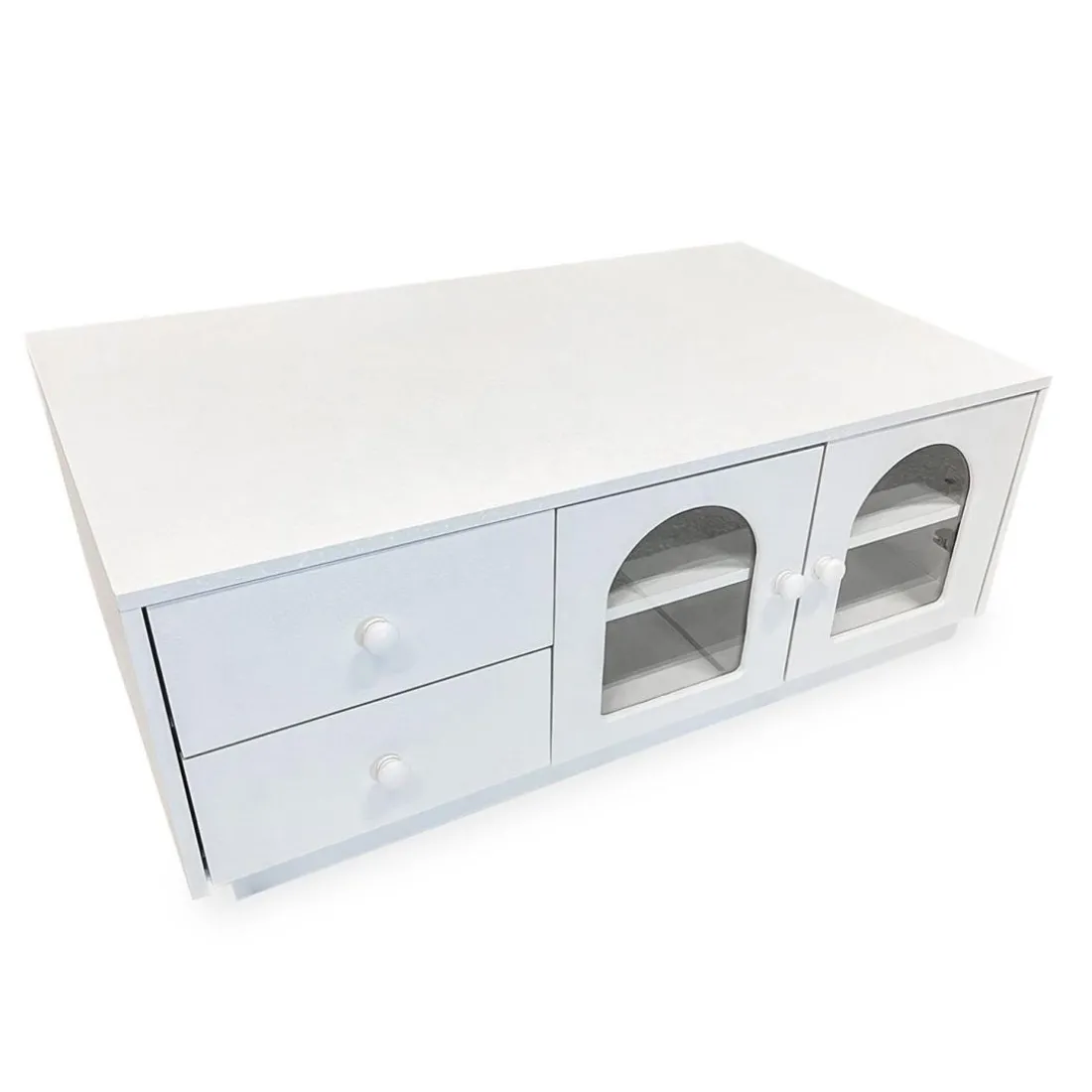 Table basse avec portes et tiroirs style naturel chic Volos Blanc texturé