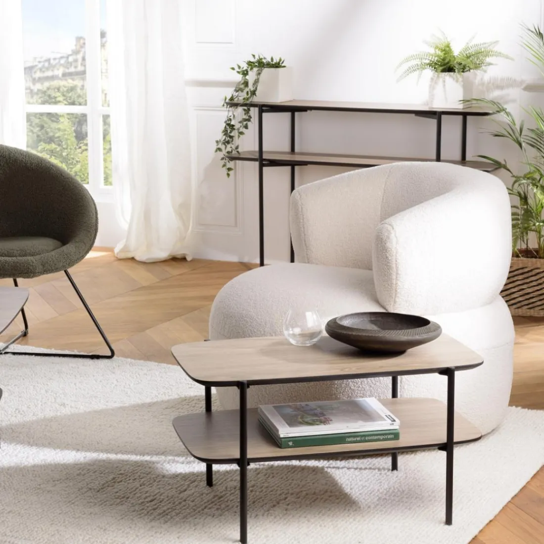 Table basse double plateau couleur mocha pieds métal noir JULIA