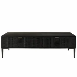 Table basse en manguier avec 2 tiroirs sculptés et pieds métal GLORIA noire