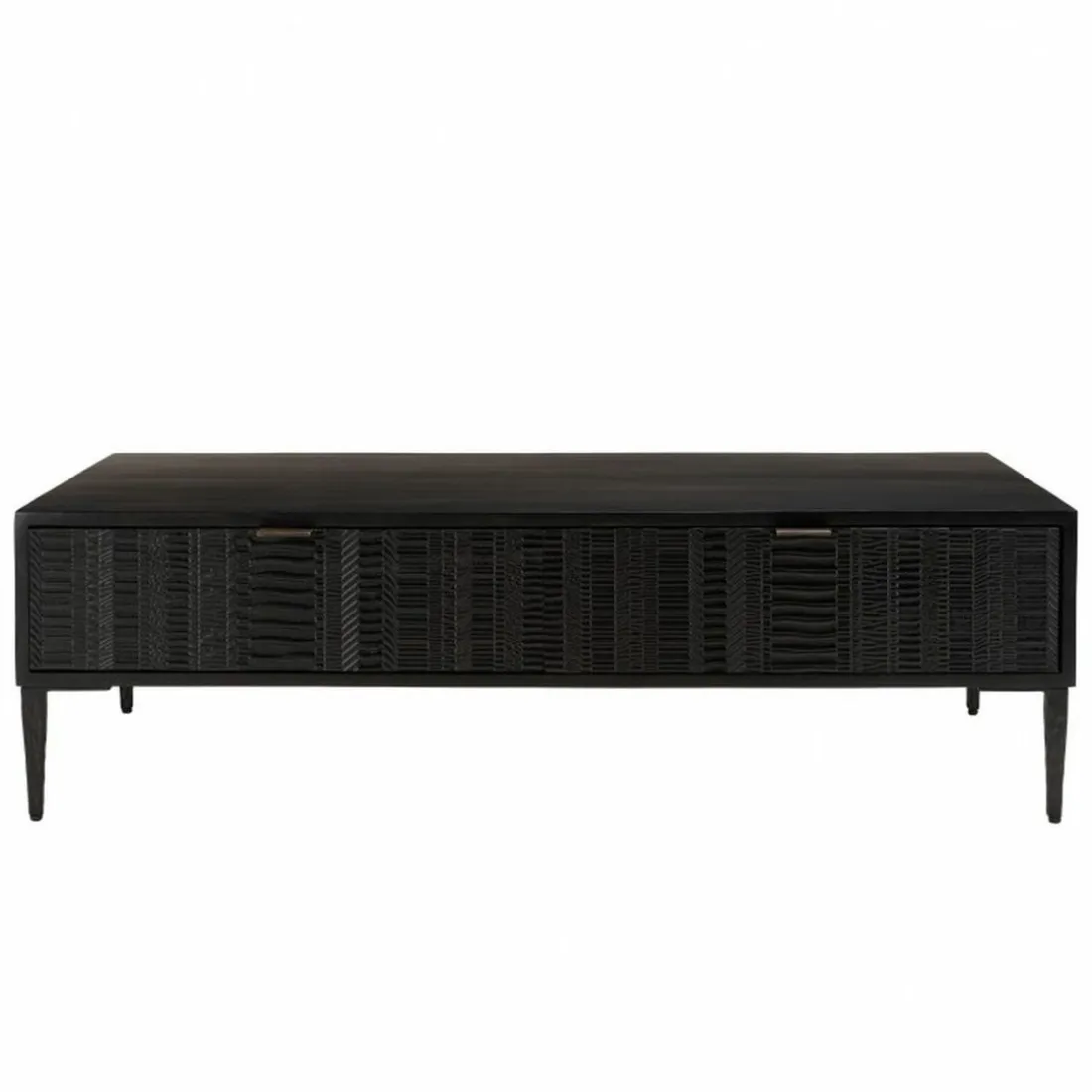 Table basse en manguier avec 2 tiroirs sculptés et pieds métal GLORIA noire