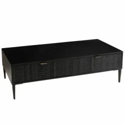Table basse en manguier avec 2 tiroirs sculptés et pieds métal GLORIA noire