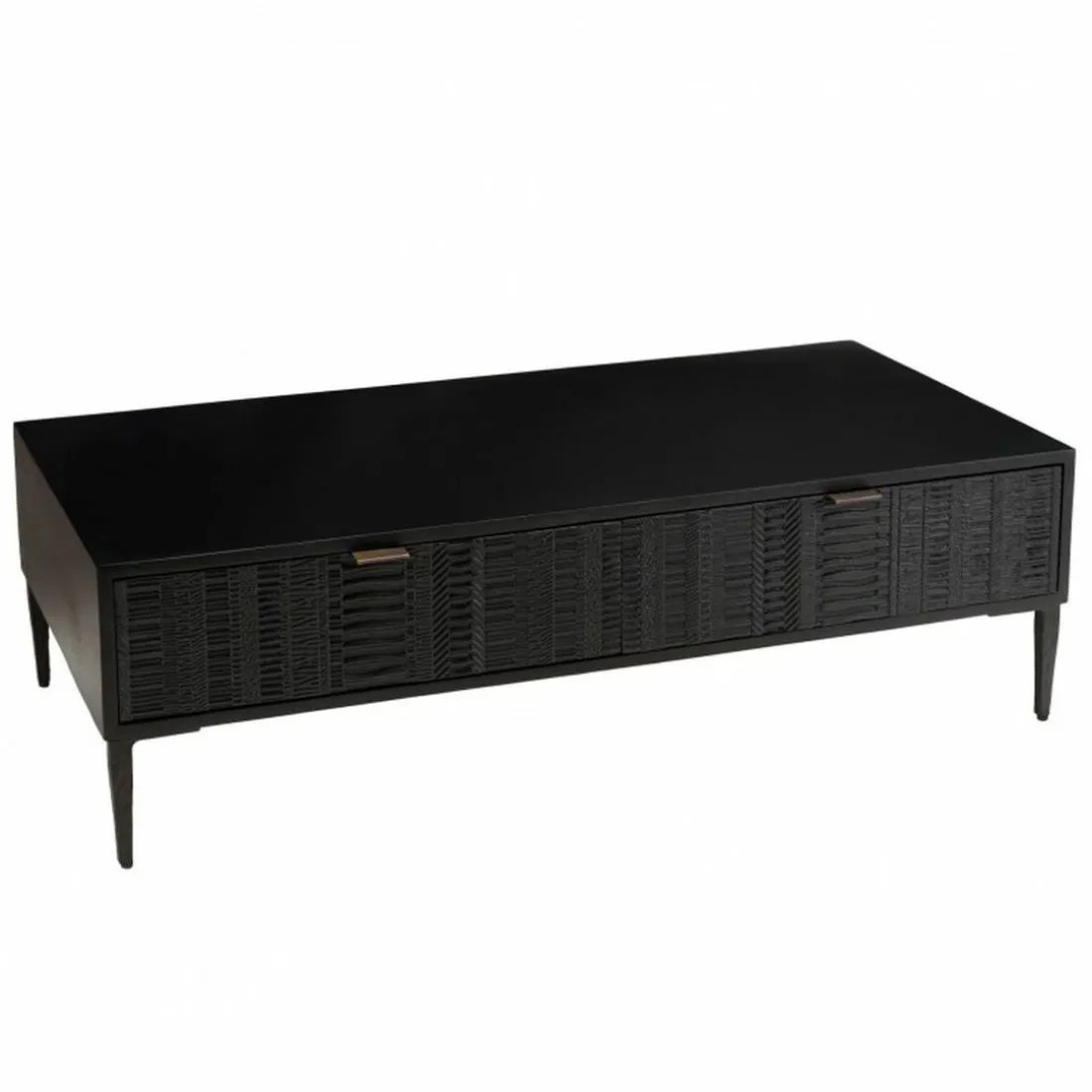 Table basse en manguier avec 2 tiroirs sculptés et pieds métal GLORIA noire