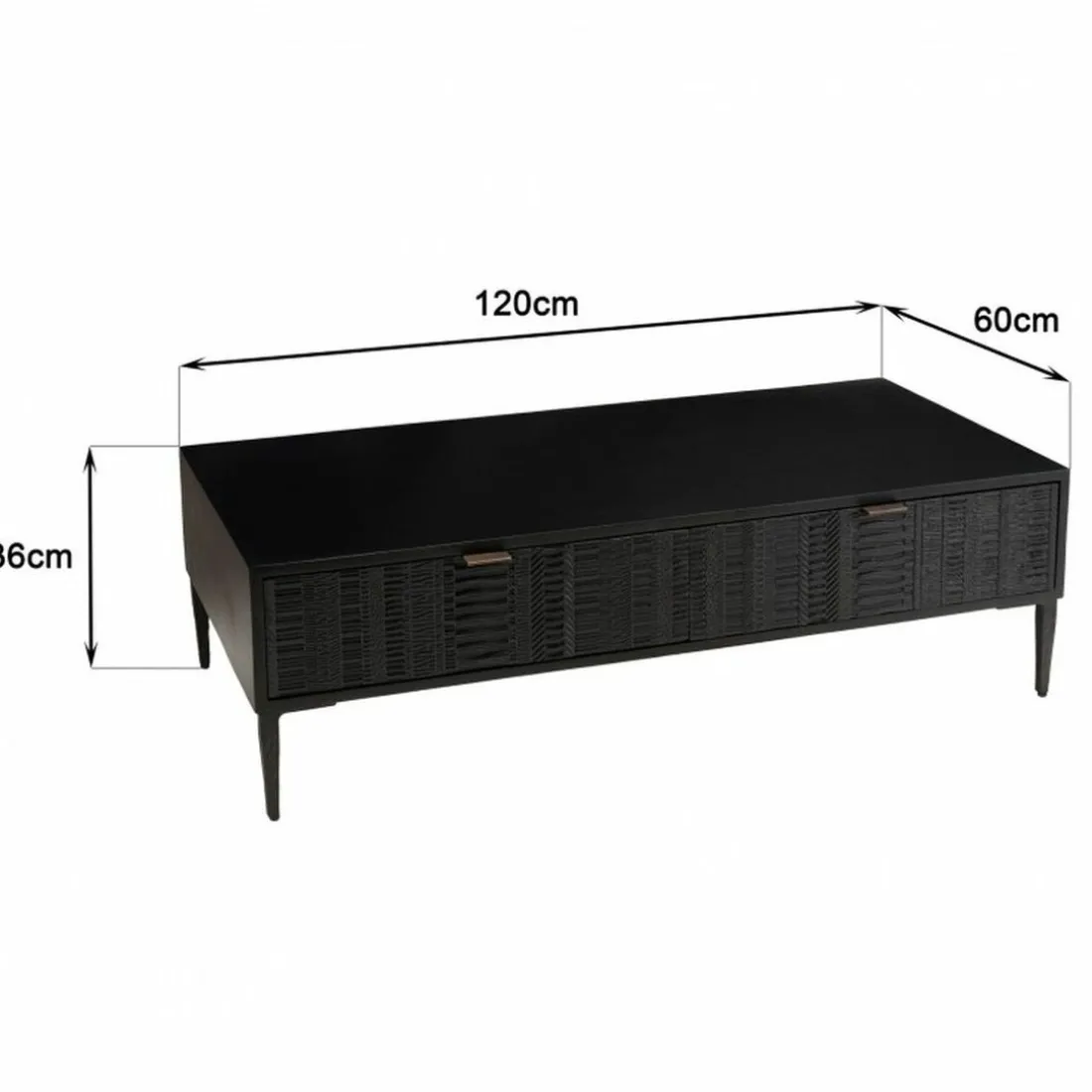 Table basse en manguier avec 2 tiroirs sculptés et pieds métal GLORIA noire