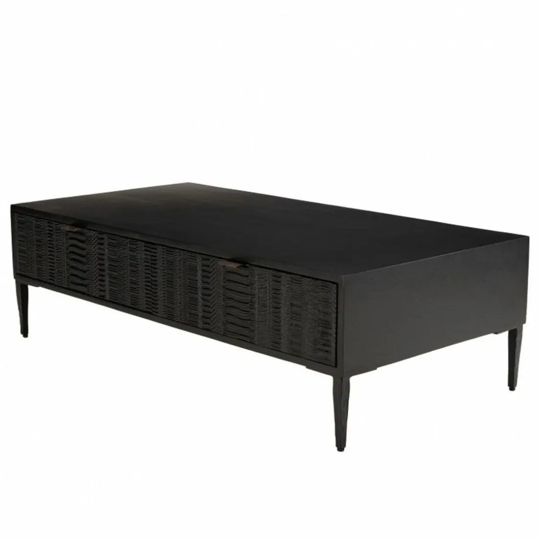 Table basse en manguier avec 2 tiroirs sculptés et pieds métal GLORIA noire