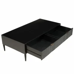 Table basse en manguier avec 2 tiroirs sculptés et pieds métal GLORIA noire