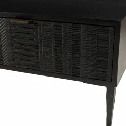 Table basse en manguier avec 2 tiroirs sculptés et pieds métal GLORIA noire