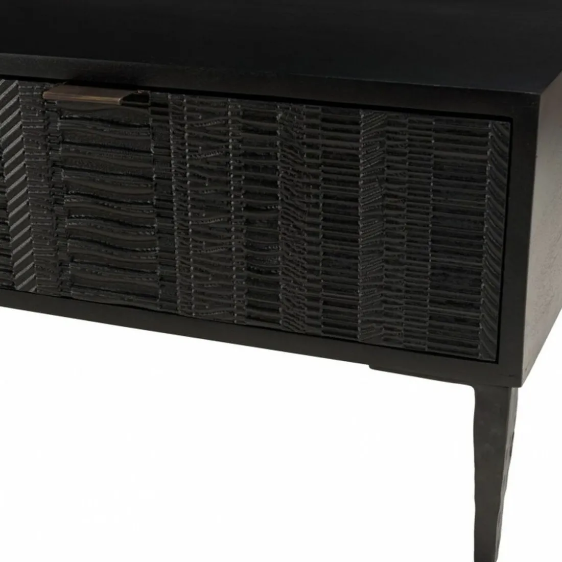 Table basse en manguier avec 2 tiroirs sculptés et pieds métal GLORIA noire